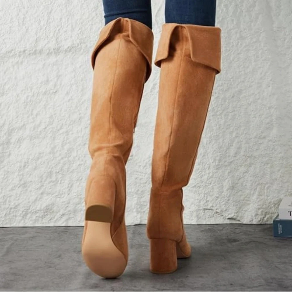 Putu Boots Block Heel Over the Knee Faux Suede Tall Tan Light Brown Size 8.5 - Picture 2 of 11